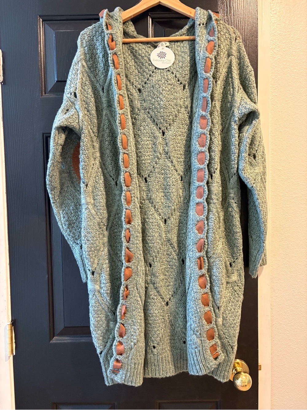 POL Green Hooded Knit Cardigan with Tan Trim
